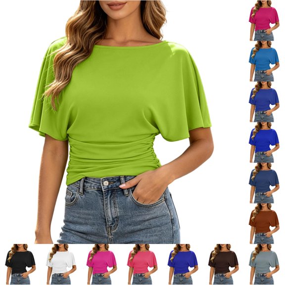 CUSTG Women Elegant Batwing Sleeve Solid Color Round Neck T-Shirt For Casual Everyday Wear Trendy Female Summer Tops