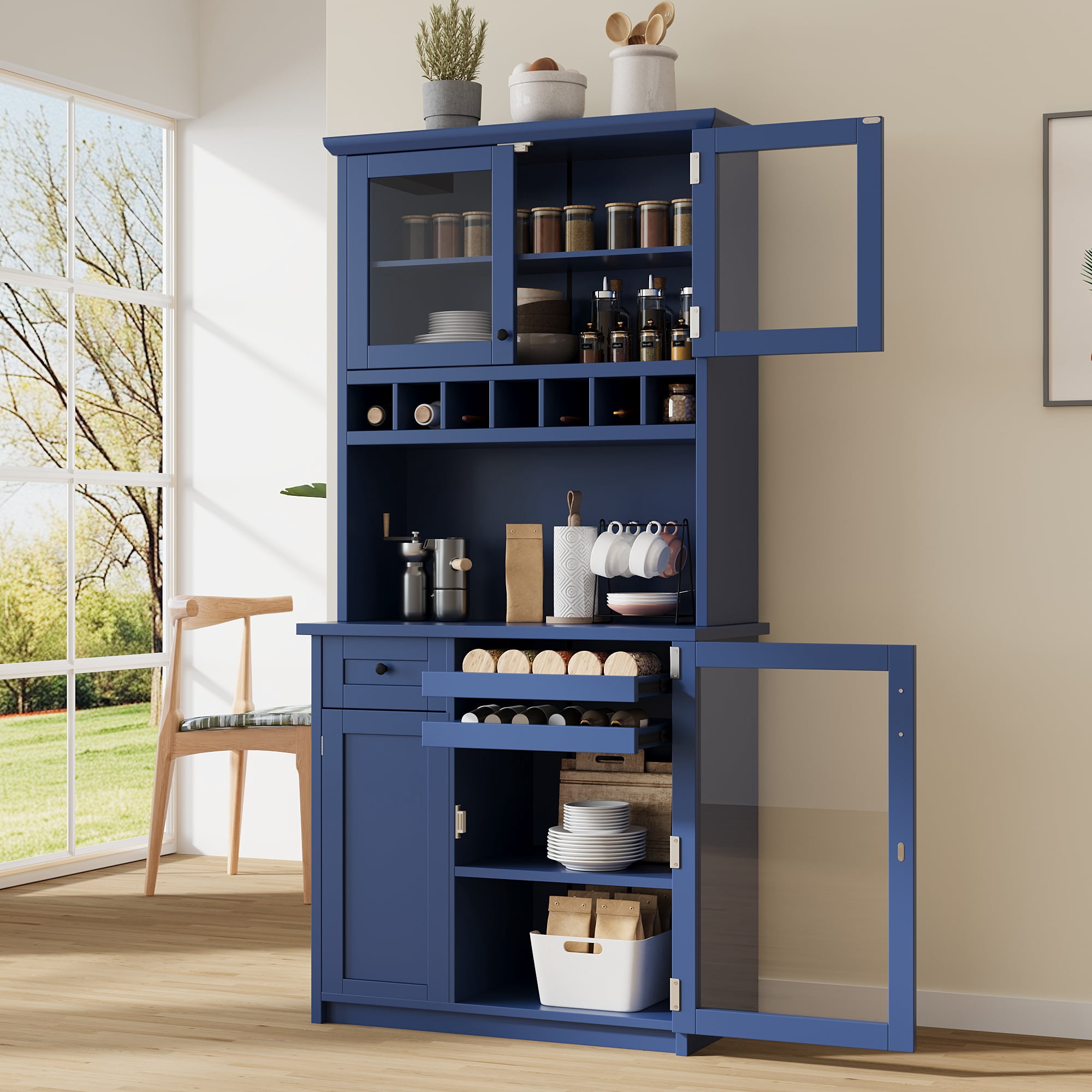 Leumius 75" Tall Kitchen Pantry Storage Cabinet,Farmhouse Wood Buffet Storage Cabinet with Wine Rack and Adjustable Shelves for Dining Room Living Room,Blue