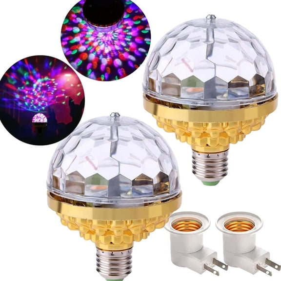 POINTERTECK 2Pcs Colorful Disco Rotating Magic Ball Light Bulb,Crystal Magic Ball with Sockets, New Colorful Rotating Magic Ball Light,Easter Dance Party Stage Light -2*Flat Socket
