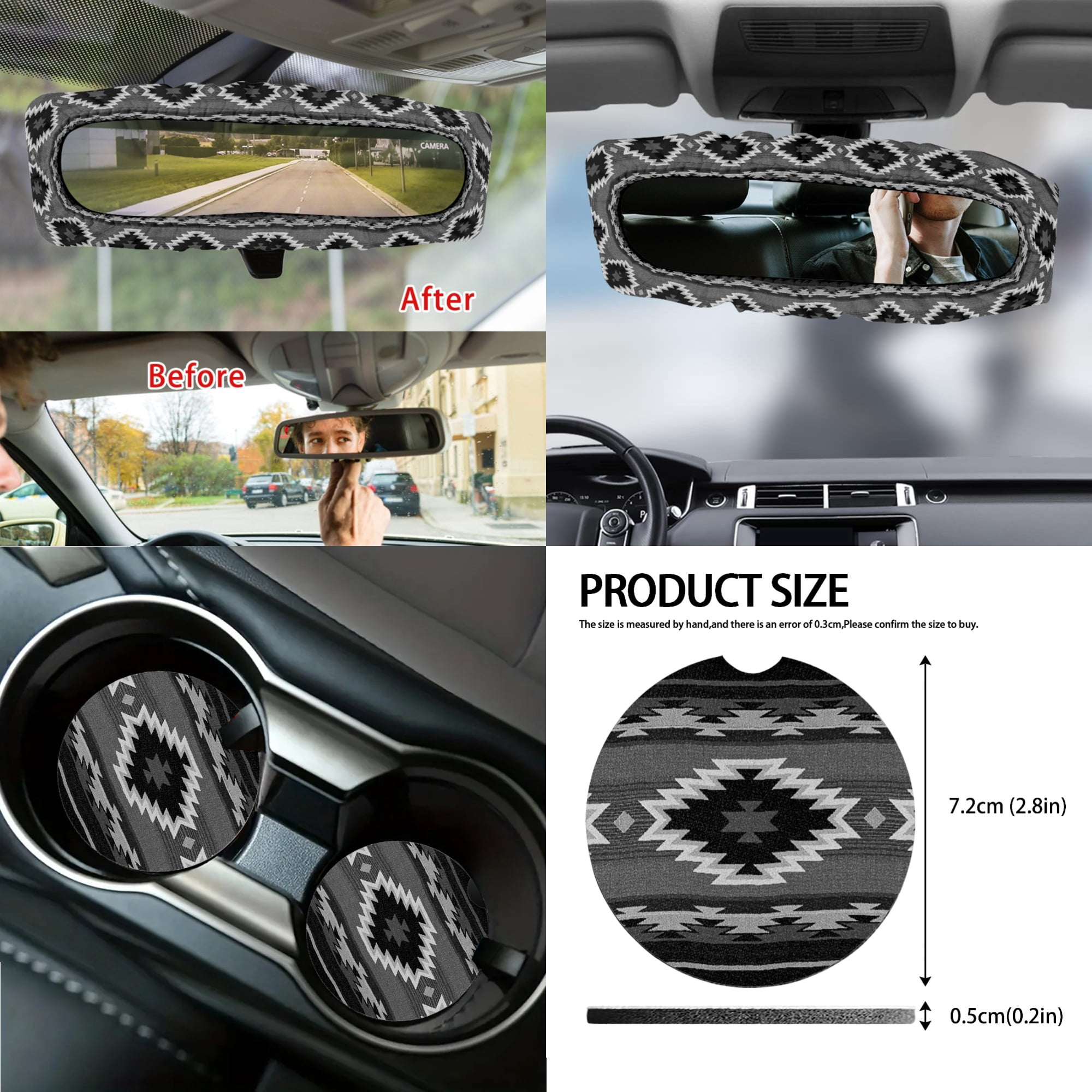 Renewold American Tribal Black Grey 14 PCS Car Seat Cover Full Set, Steering Wheel Seat Belt Rear View Mirror Center Console Cover Trash Can Coaster Gear Shift Knob Cover Set Universal Fit
