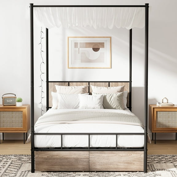 Full Size Canopy Bed Frame, HSUNNS 2 Storage Drawers Platform Bed Frame with Footboard and Wooden Headboard, Removable Canopy, Under-Bed Storage, Noise Free, Easy Assembly, Black+Brown