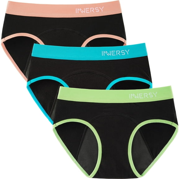 INNERSY Period Panties for Girls Cotton Menstrual Underwear for First Period Starter 3-Pack (12-14 Years,Various Black)