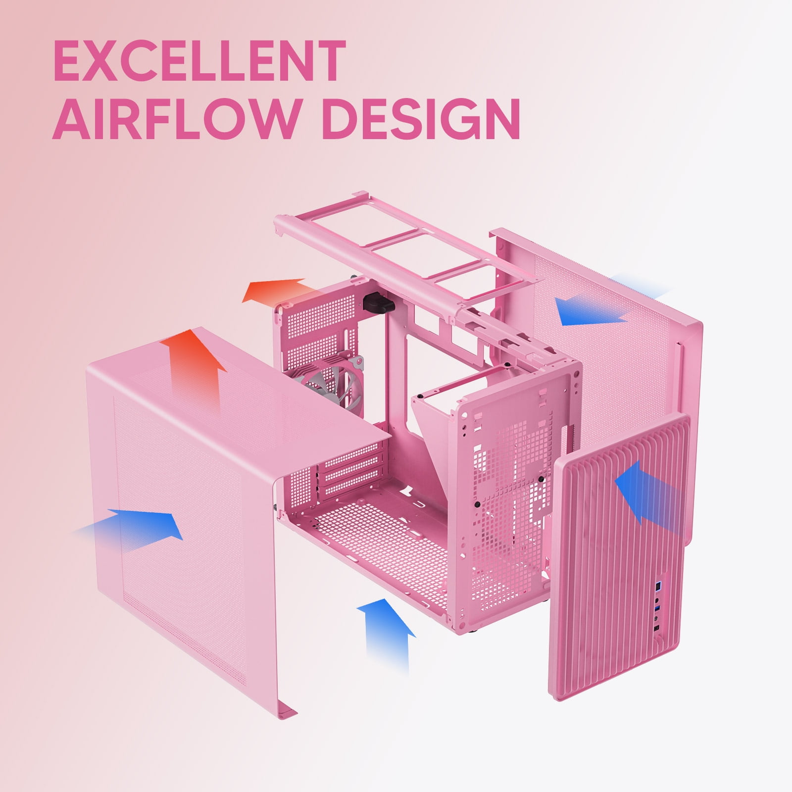 Vetroo M06 Micro-ATX/Mini-ITX Gaming PC Case, Compact High Airflow Mesh Mid Tower, Supports 5×120mm Fans & 240mm Liquid Cooling, GPU Up to 355mm, Adjustable PSU Mount, USB Type-C I/O - Pink