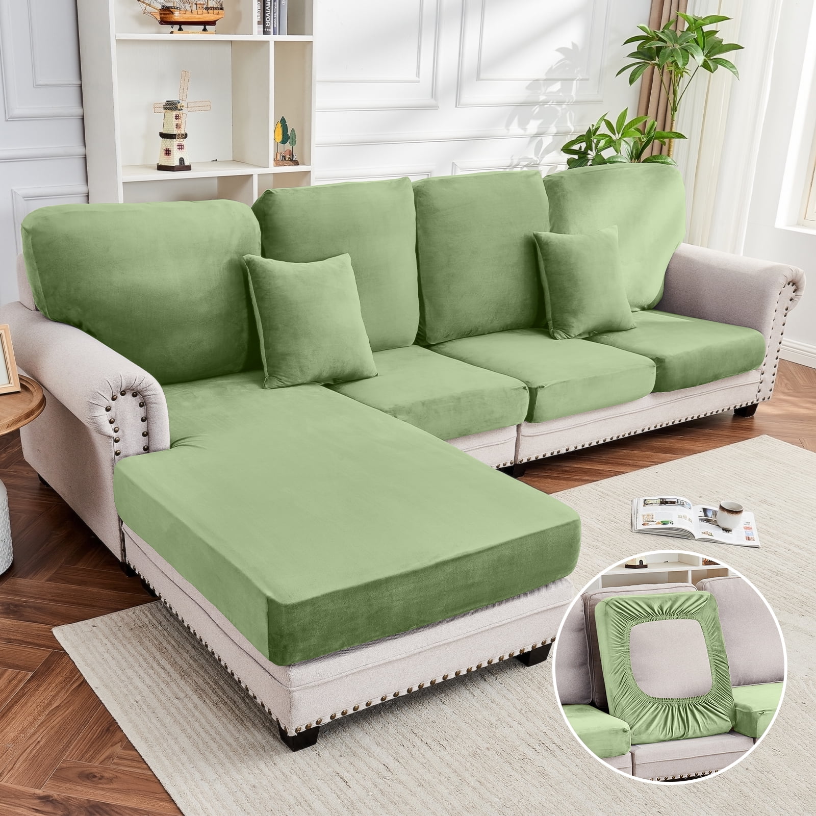Sanmadrola Couch Covers Velvet Sofa Cushion Cover Stretch Machine Washable Universal Slipcover Furniture Protector for Couches Sectional Sofas, Avocado Green