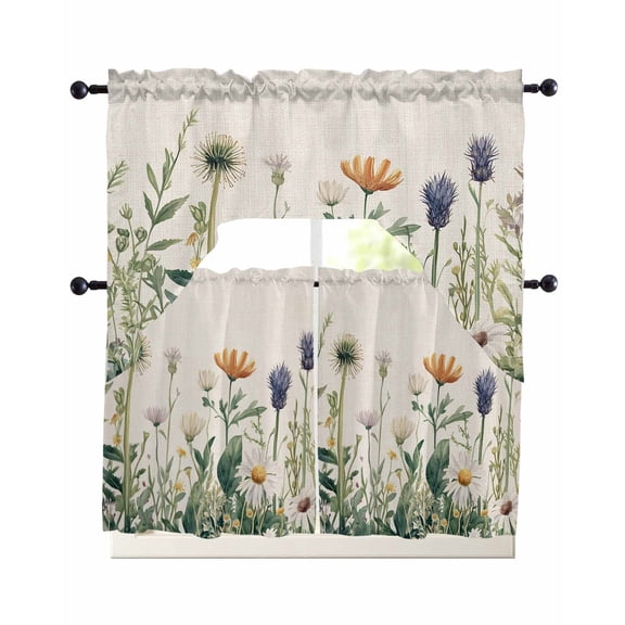 Spring Summer Floral Kitchen Curtains Set for Windows 3 Piece Cafe Curtains 36 Inch Length Swag Curtains Valances and Tier Set Farmhouse Botanical Flowers Vintage Drapes for Bedroom Bathroom
