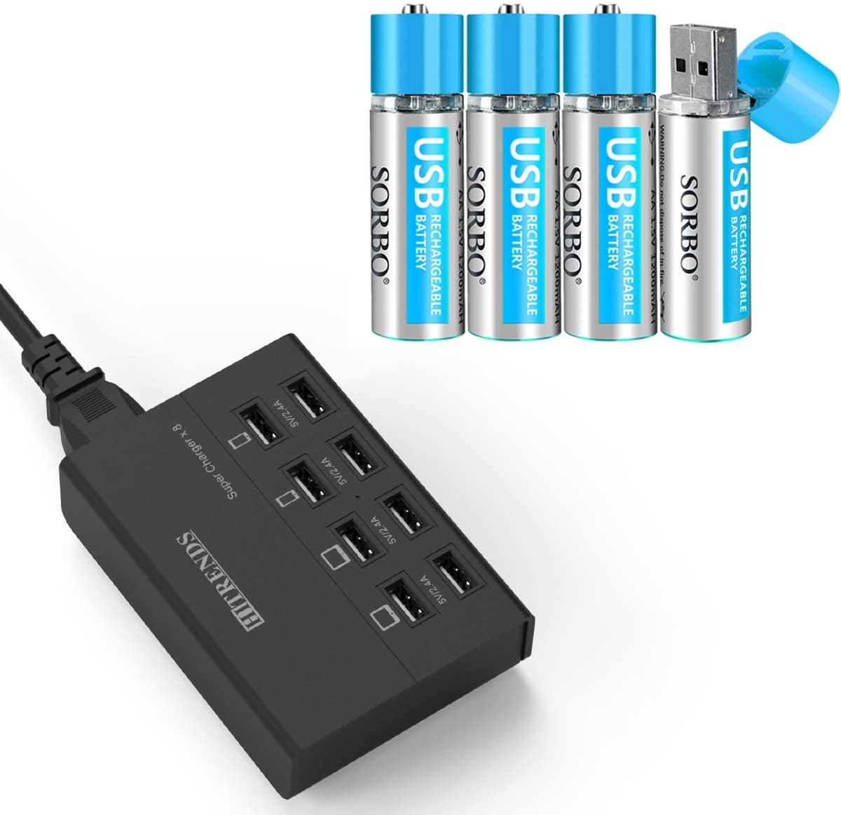 8 Ports Charging Station 50W/10A & USB Rechargeable AA Lithium