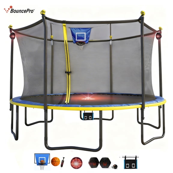 Sportspower BouncePro 12ft Multiplay Trampoline Meets ASTM Safety Standards, Heavy-Duty Rust-Resistant Painted Steel Frame, Safety Net, Basketball, Electronic Target Game & Flashing Lights