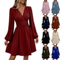 thumbnail image 5 of Women's Elegant Dress V Neck Long Sleeve High Waist Swing Prom Cocktail Short Dresses, 5 of 8