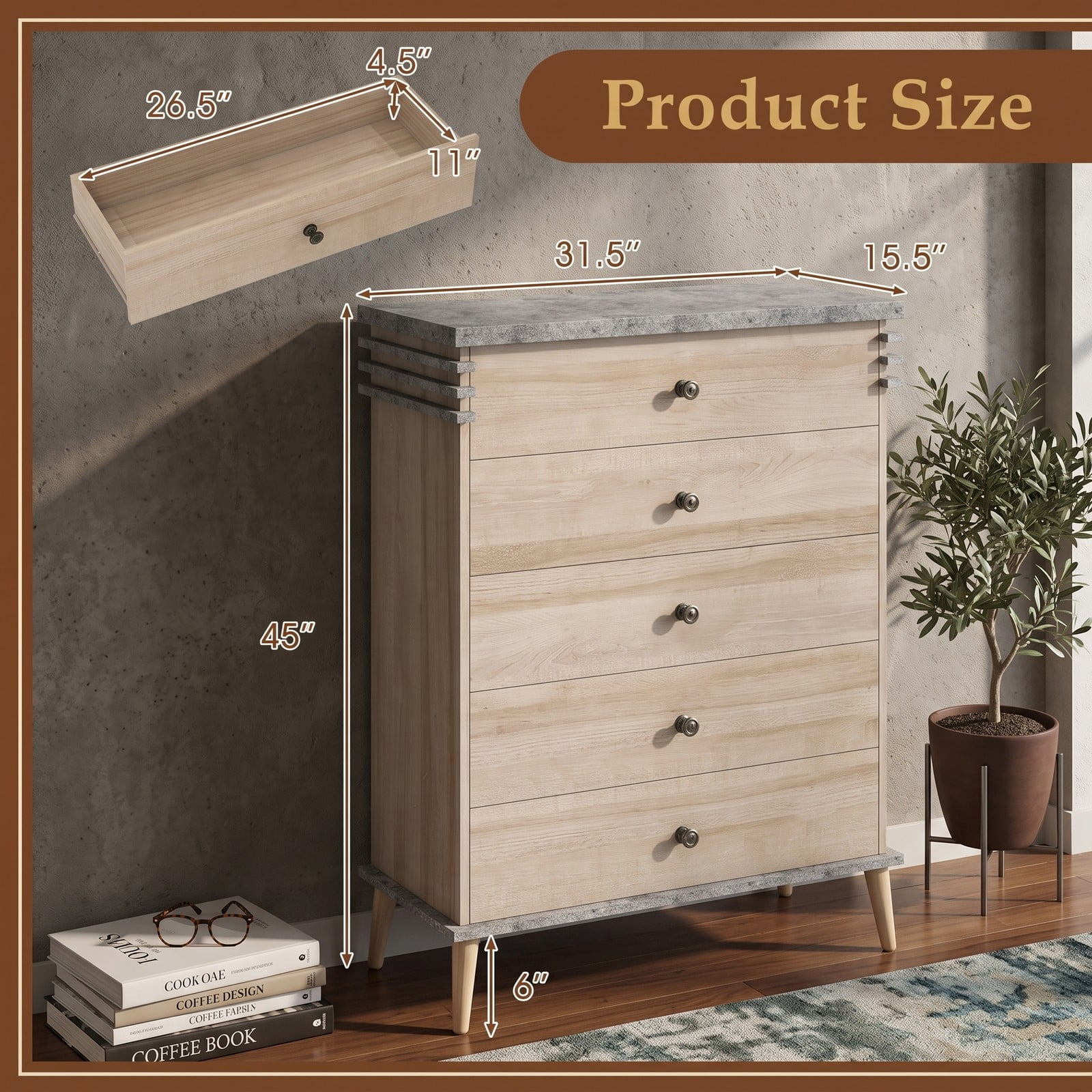 Furnibear Farmhouse 5-Drawer Tall Dresser with Metal Knobs and Solid Wood Legs for Bedroom and Closet Storage, Antique Grey and Natural