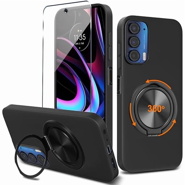 wonima11 for Motorola Moto Edge 2021 Case | Edge 5G UW Phone Case with Screen Protector, 360° Rotatable Ring Holder Kickstand/Stand Silicone Shockproof Protective Cover Case for Moto Edge 2021 - Black