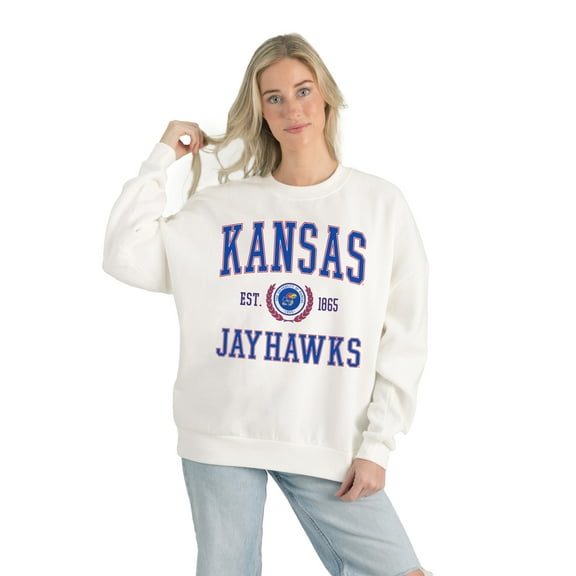 Women's Gameday Couture White Kansas Jayhawks Premium Fleece Drop Shoulder Oversized Pullover Sweatshirt