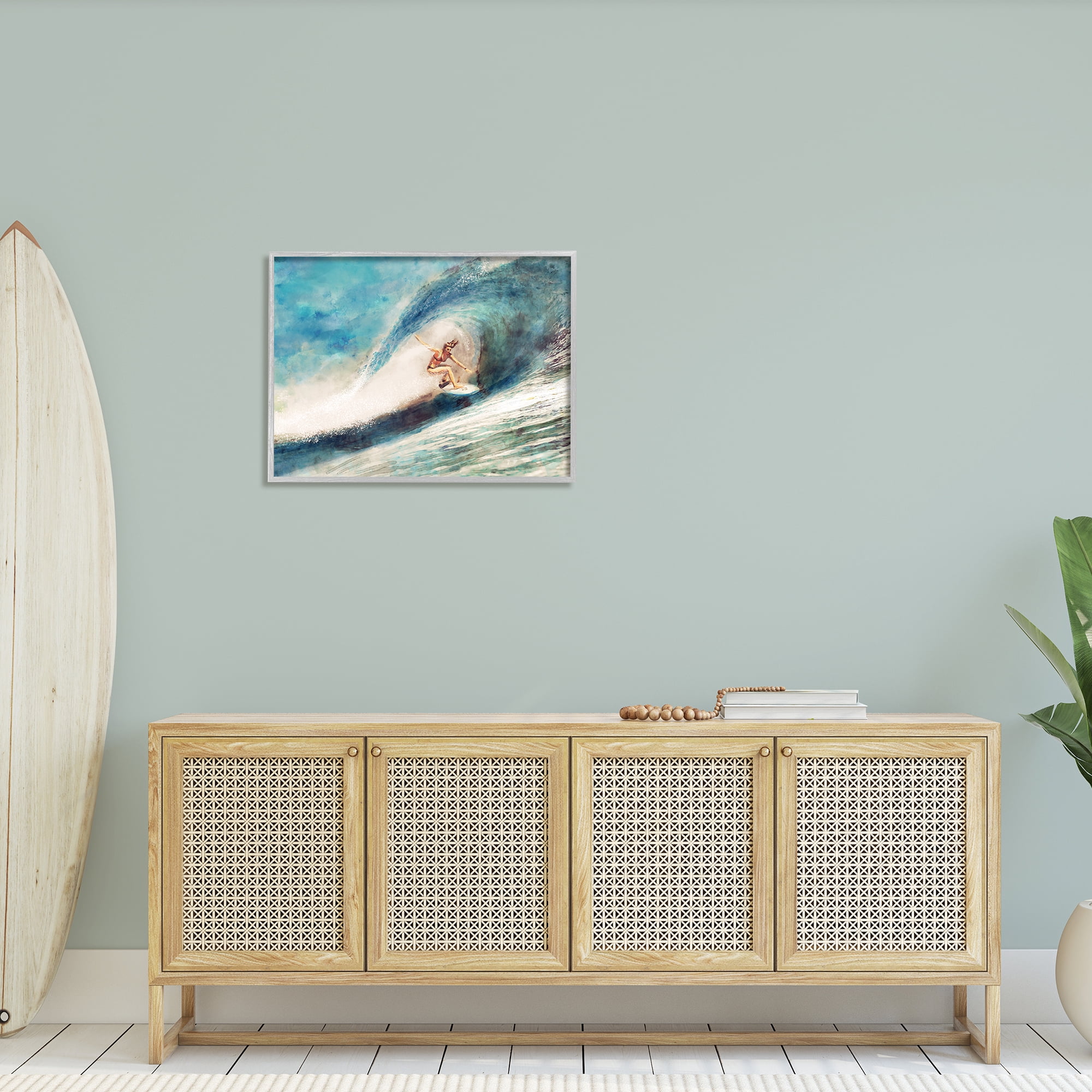 Stupell Industries Female Surfer Riding Barrel Wave Tropical Blue Waters, 30 x 24,Design by Ziwei Li