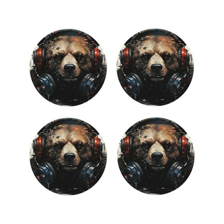 

Fuzoiu Urban Bear With Headphones Print Leather Coasters Set Drink Coasters Set of 4 for Tabletop Protection Durable PVC Coasters Home Décor and Housewarming Gift-Round Shape