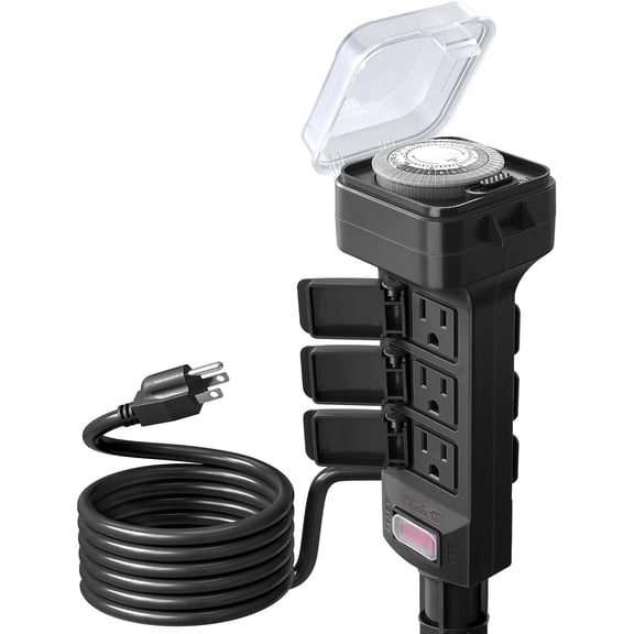 Outdoor Power Stake Timer, 24-Hour Mechanical Light Timer, Electrical Power Strip Weatherproof, 6FT Multiple Outlets for Patio, Christmas Decoration, Garden, Outdoor Light, Black