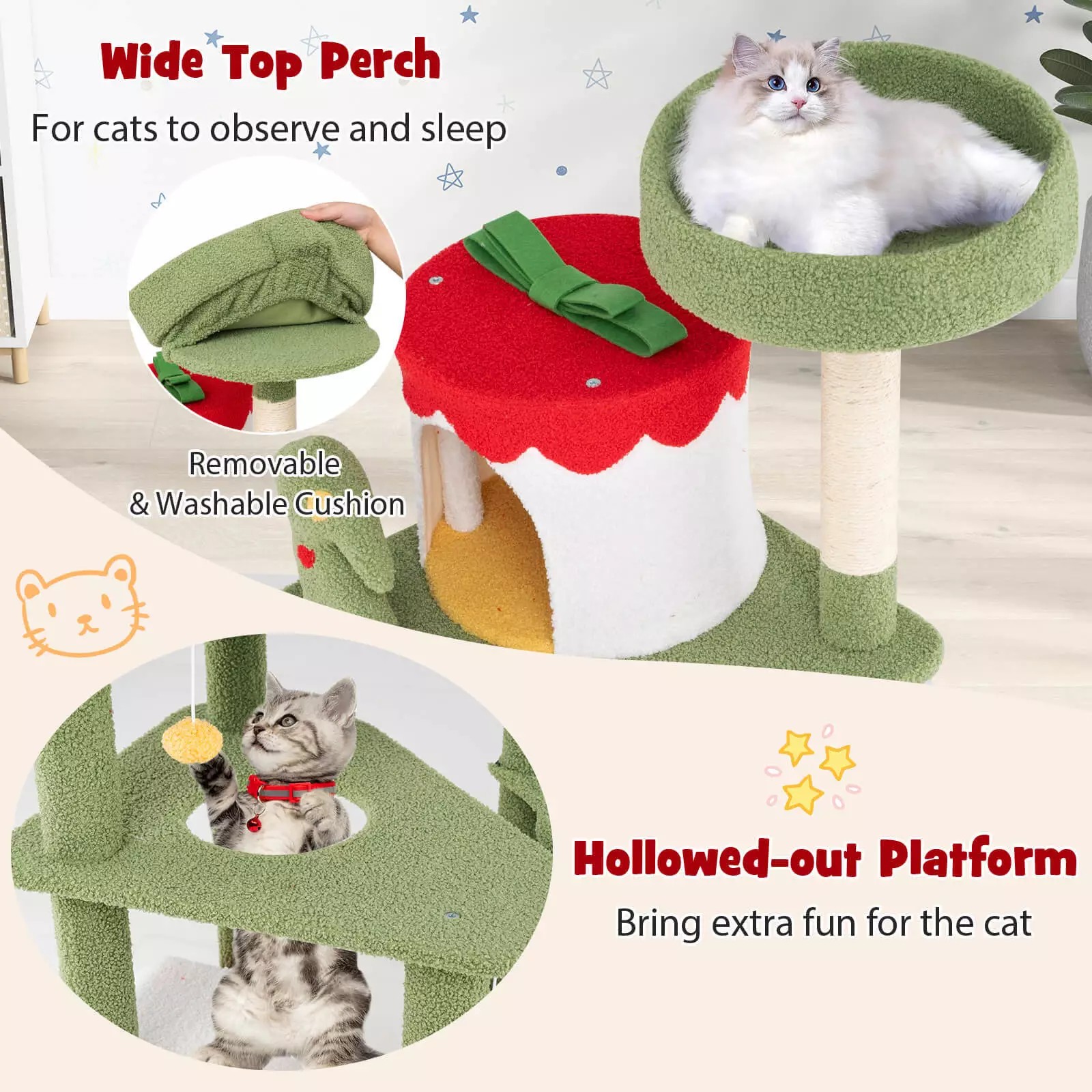 Harmijoy 61" Tall Christmas Cat Tree, Multi-level Cat Furniture w/ Sisal Scratching Posts, Plush Perch & 2 Condos, Basket Bed, Hanging Toys, Comfy Hammock, Festival Theme Cat Tower for Indoor Cat