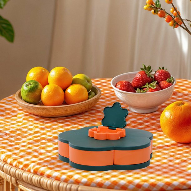 Bandeja giratoria para aperitivos | Caja navideña para dulces de frutos secos | Frutero de plástico multicompartimento con rotación de 360° | Tapa transparente antisuciedad | Soporte para teléfono