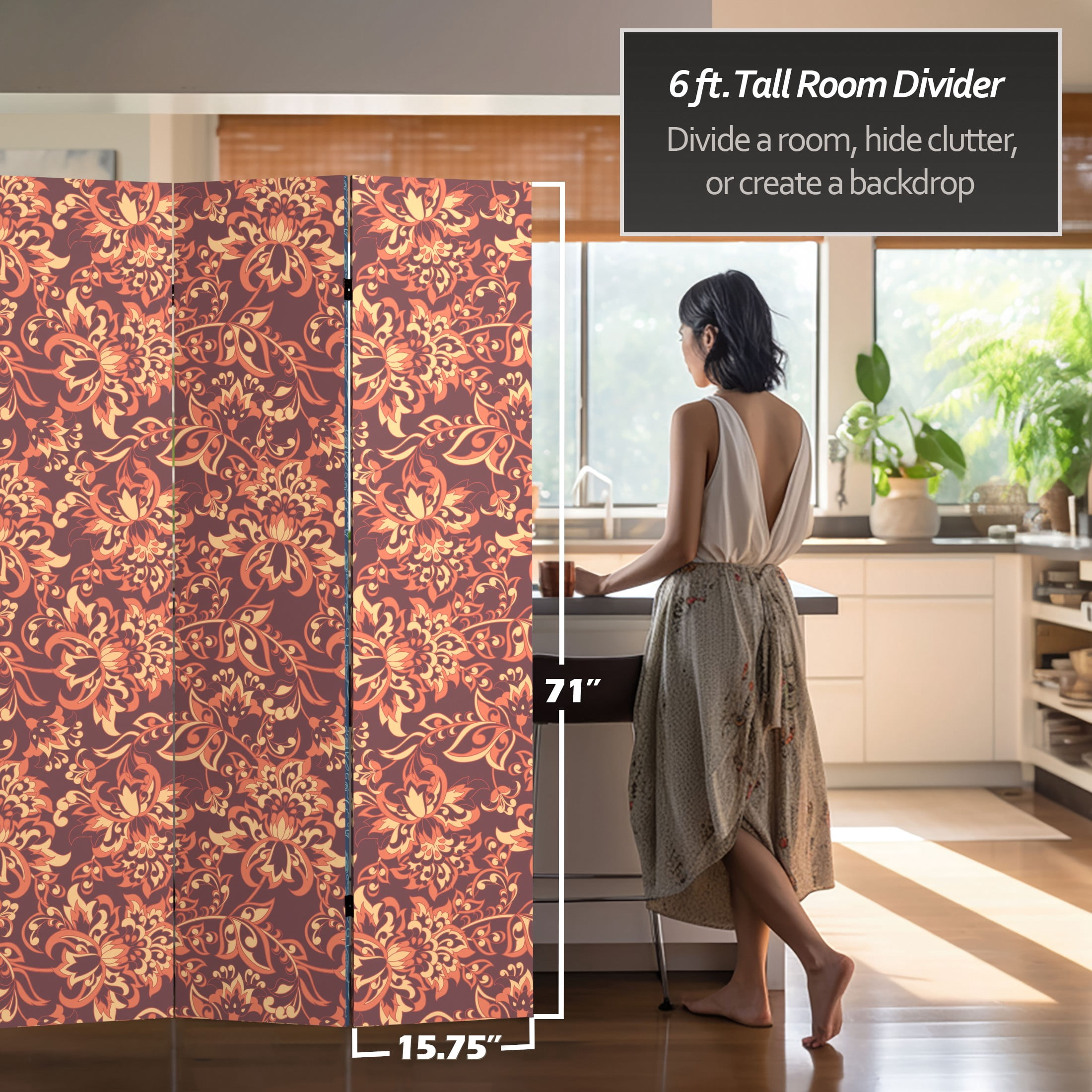 Oriental Furniture 6 ft. Tall Double Sided Floral Wallpaper Canvas Room Divider