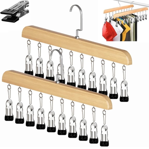 Closet Organizer with 10 Clips, Wooden Hanging Pants and Legging Hanger, 360° Rotating Hook Space Saving Closet Storage for Jeans Scarves Socks