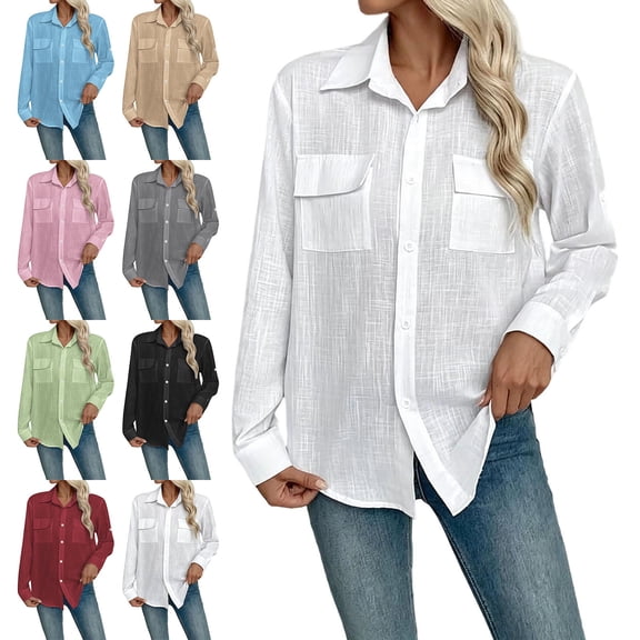 Zivyakyron Casual Womans Shirts Fall Cotton Linen Office Long Sleeve Women Blouses Loose Solid Going Out Collared Tops Yellow 3XL