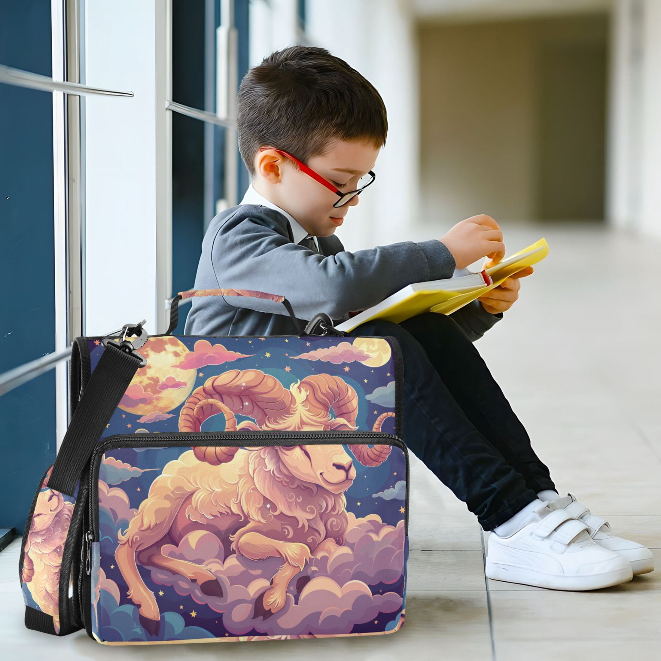 3 Ring Zipper Binder with Shoulder Strap Waterproof Trapper Keeper 2 Inch D-Ring 500 Sheets Capacity Cartoon Sheep Lie on Cloud