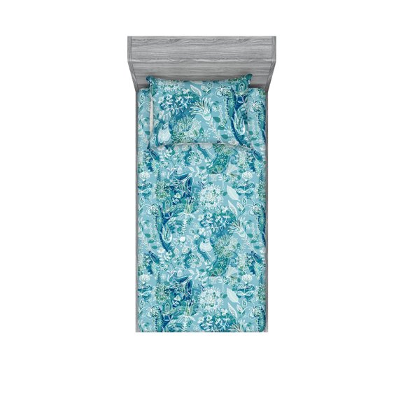 Flowers Boho Fitted Sheet & Pillow Sham Set, Nautical Colors Leaves and Floral Motifs with Paisley Shapes Art, Decorative Printed 2 Piece Bedding Decor, Twin, Seafoam Cadet Blue White, by Ambesonne