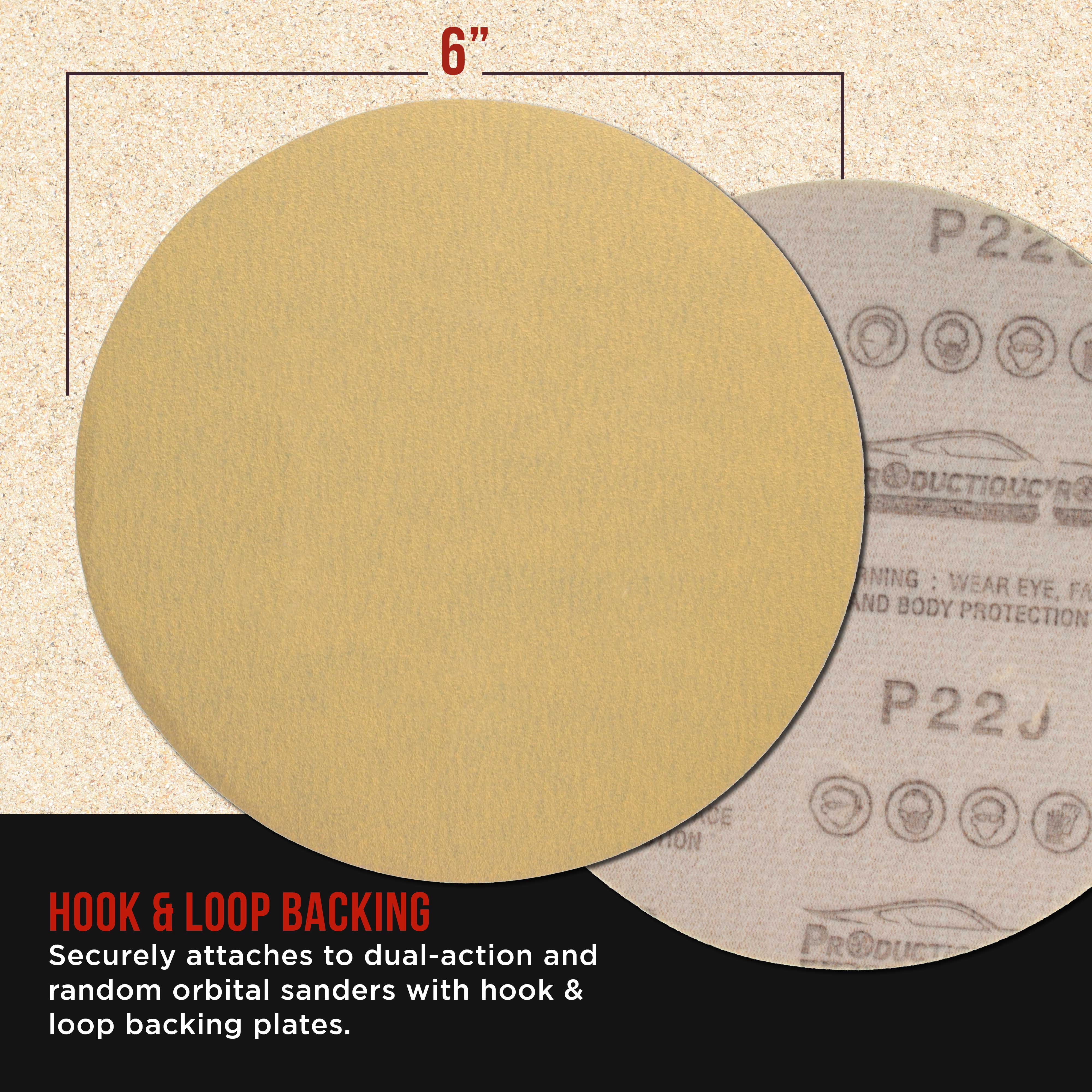 ProductionShop Premium 220 Grit 6" Gold Sanding Discs, Box of 100 - Hook & Loop Backing Abrasive Sandpaper for DA & Random Orbital Sanders - Sand Auto Paint, Metal, Wood, Woodworking Furniture