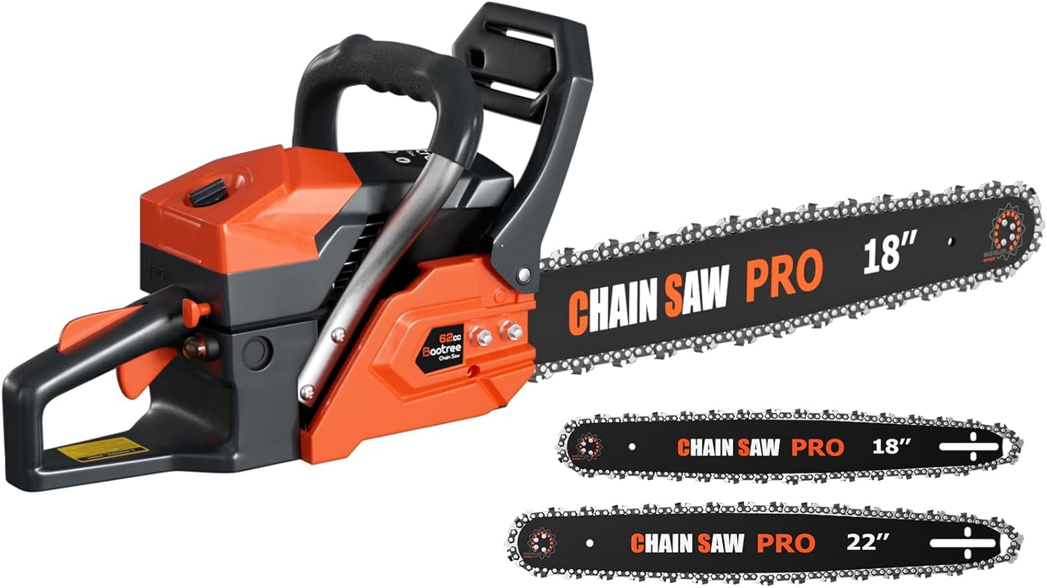 62cc Gas Chainsaw, 18 & 22 Inch Professional Chainsaw with 2-Cycle Engine & Anti-Vibration System, Quick Start Technology for Tree Cutting, Firewood, Logging (62CC 18in+22in)