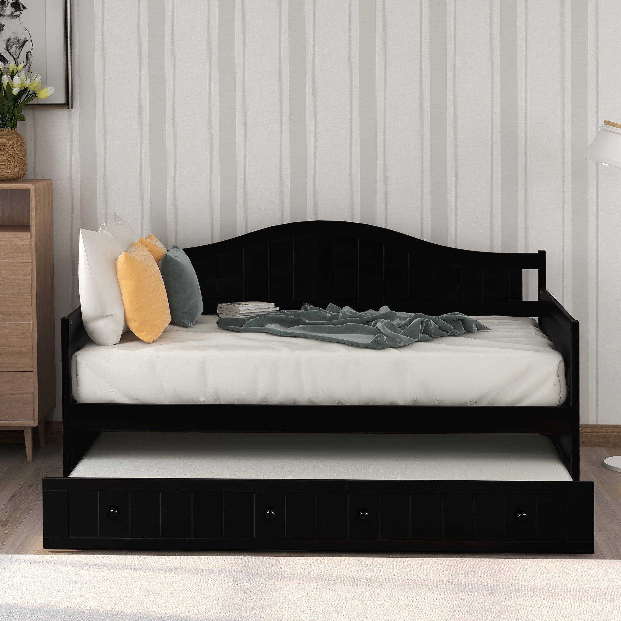 Twin Wooden Daybed with Trundle Bed, Sofa Bed for Bedroom