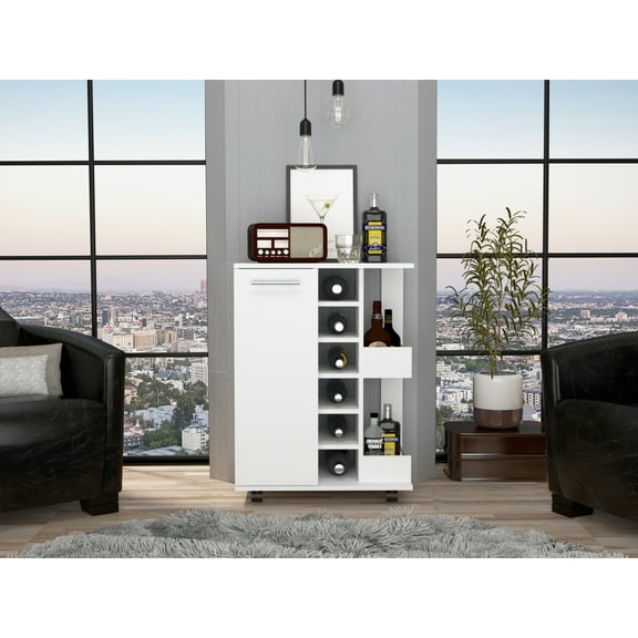 Miekor Furniture Bar Cart, Two External Shelves, Four Casters, Six Built-in Wine Rack, Single Door Cabinet -White 29228