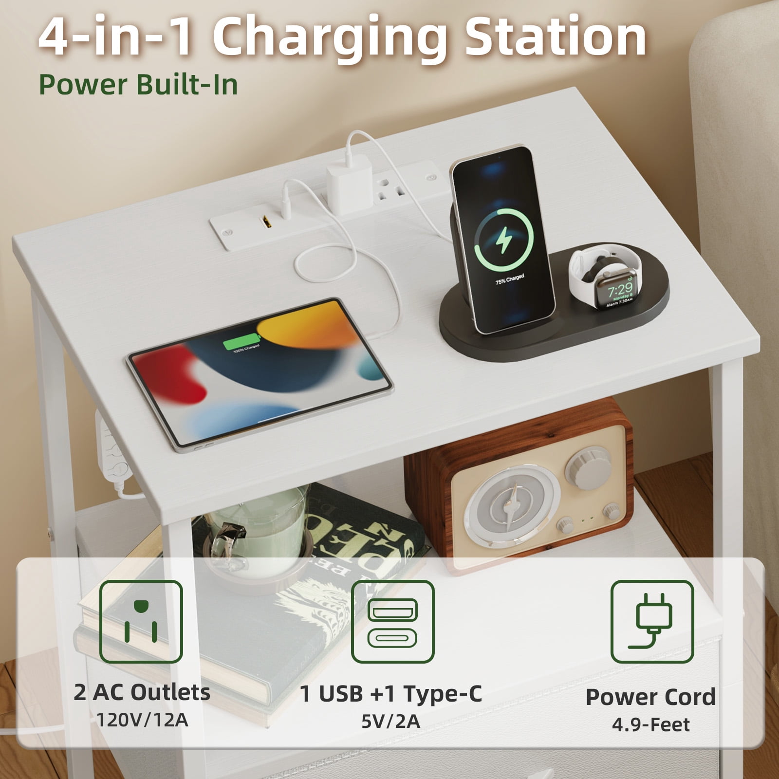 Eunos White Small Nightstand Set of 2 with Charging Station, LED and Storage Shelfs for Bedroom, Living Room
