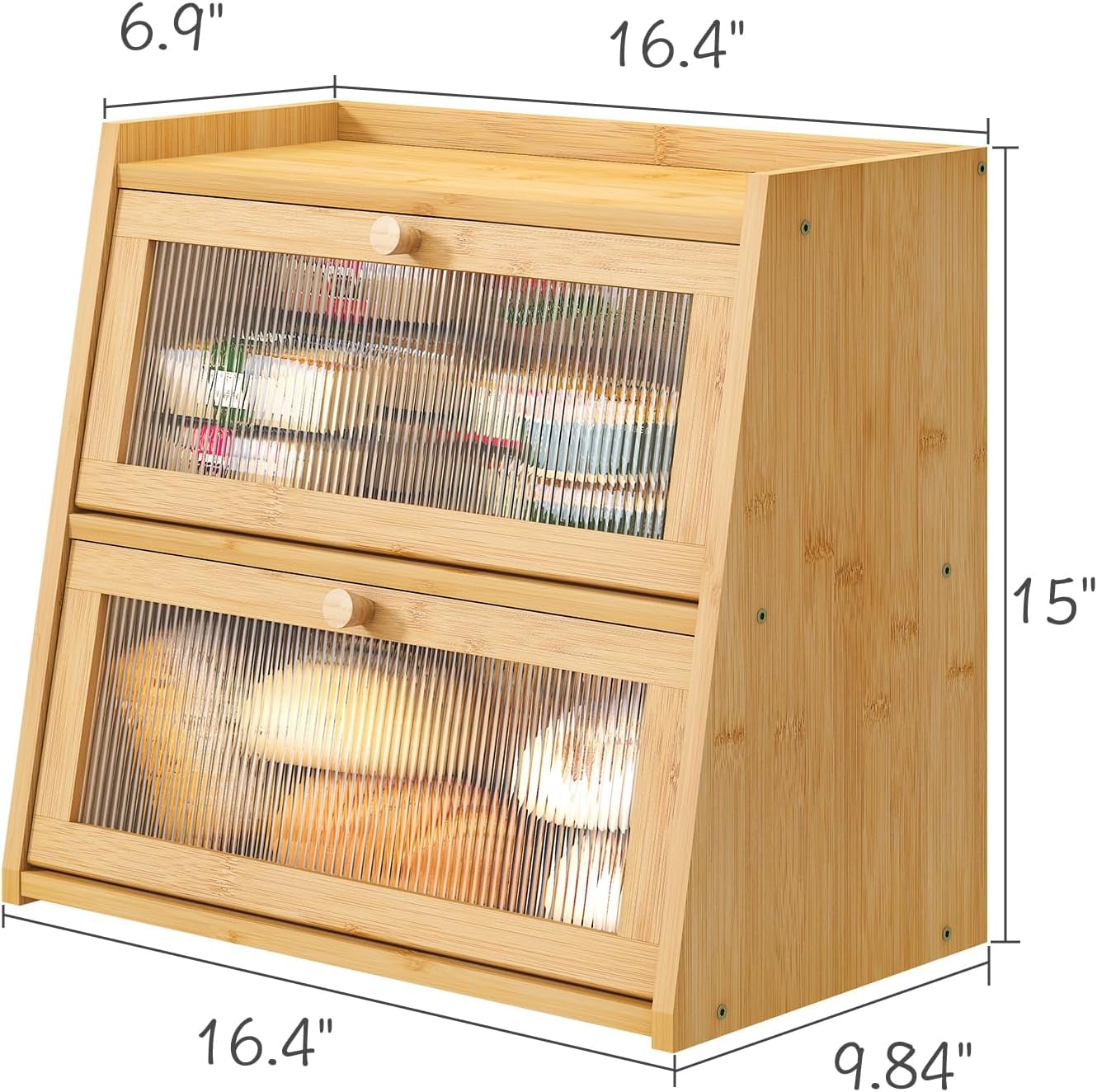 Bread Box for Kitchen Counter, Double Layer Large Bamboo Wood Bread Box, Bamboo Bread Storage Container with Wavy Acrylic Transparent Door