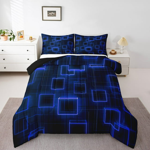 Blue Purple Geometric Bedding Set Geometry Gradient Cubes Quilt Full Size,Neon Ombre Light Comforter Set Abstract Modern Soft Bedding Comforter Sets For Kids Boys Girls Teens Room Decor