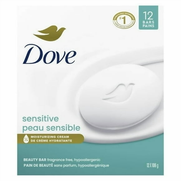 Dove Beauty Bar More Moisturizing Than Bar Soap for Softer Skin, Fragrance Free, Hypoallergenic Sensitive Skin With Gentle Cleanser 106 g 12 count