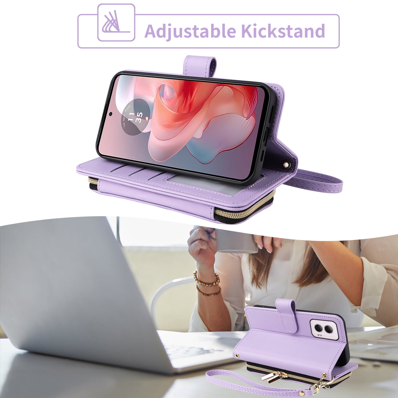 Furiet Argyle Wallet Case for Motorola Moto G Power 5G 2024 with Wrist Strap Shoulder Strap, Card Slot Zipper Purse Luxury PU Leather Stand Checkered Cell Phone Cover for G5 Women Girls Purple