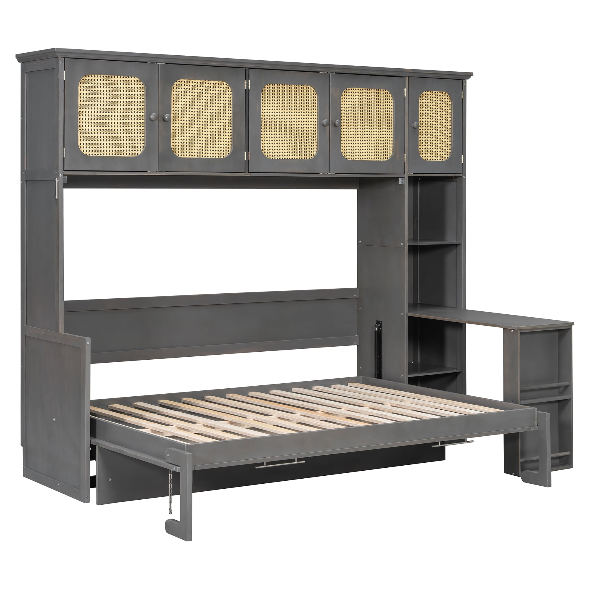Full Size Murphy Bed with Writing Desk and Rattan Cabinets and Open Shelves for Small Space, Guest Room