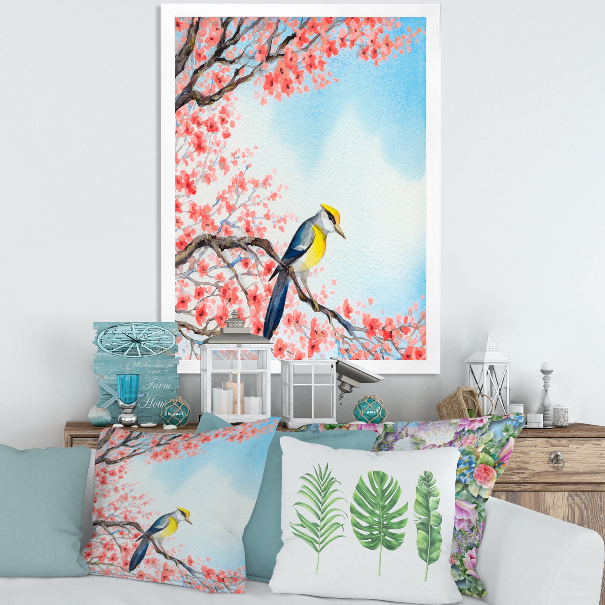 Beautiful Red Bird Sitting On Flowering Branch I 24 in x 32 in Framed Painting Canvas Art Print, by Designart