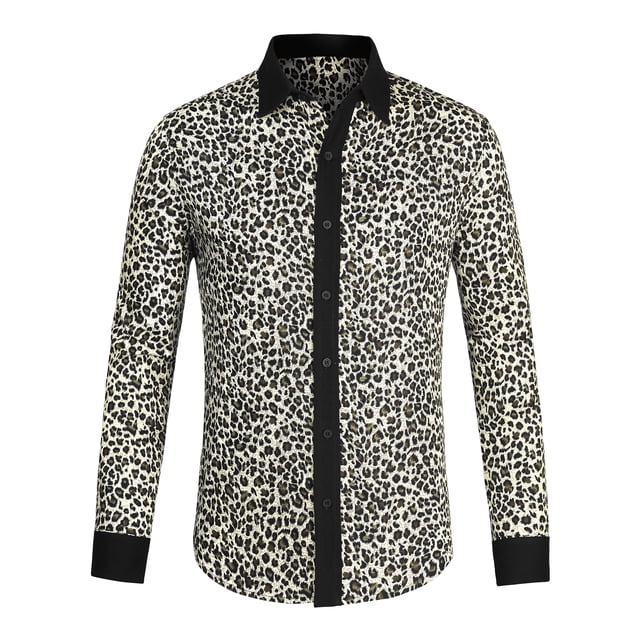 INSPIRE CHIC Men's Vintage Leopard Printed Button Down Long Sleeve Cotton Shirt S Blacks Leopard