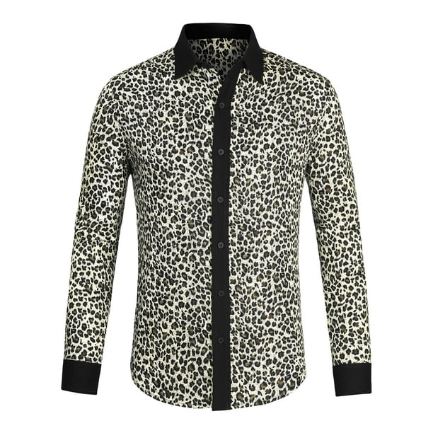 Camisa de algodón de manga larga con botones de leopardo vintage para hombres Inspire Chic 2XL Leopardo negro