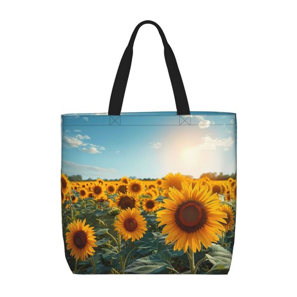 Sikiie Sunlit Sunflower Field Print Single Shoulder Bag, Large Capacity Zipper Handbag, Waterproof Shopping Bag, School and Work Shoulder Bag