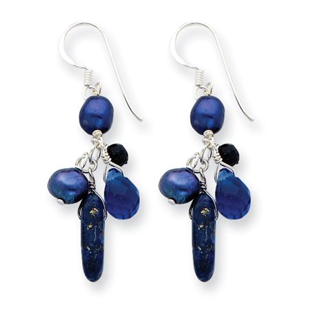 Freshwater Pearl Shepherd Hook - Sterling Silver Dangle Shepherd hook Blue Sandstone Blue Freshwater Cultured Pearl Earrings