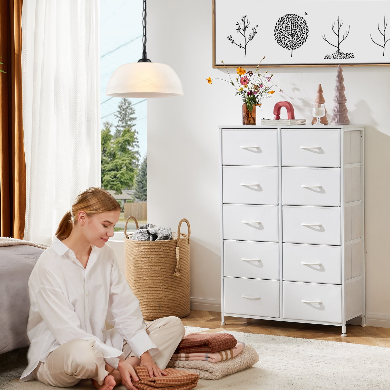 GIANNA 10 Drawer Dresser for Bedroom, Tall Chest Organizer with Fabric Bins, Freestanding Storage Cabinet, White