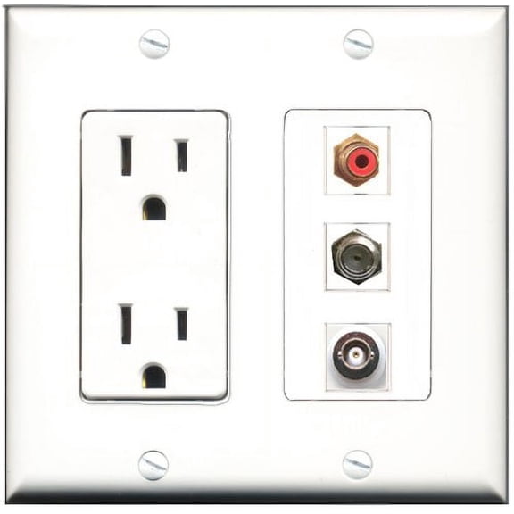RiteAV - 15 Amp Power Outlet 1 Port RCA Red 1 Port Coax 1 Port BNC Decorative Wall Plate