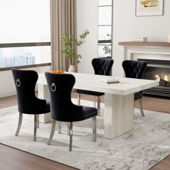 Roundhill Furniture Cavira 5-Piece Modern Dining Set, Faux Marble Dining Table with Four Chairs, Black