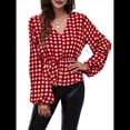 thumbnail image 2 of Top de Larga para Mujer, Jersey Fino, Cuello en V, Abullonada, Babydoll, Ligero, de Poliéster Cuadrícula Roja L, 2 of 10
