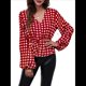 thumbnail image 2 of Top de Larga para Mujer, Jersey Fino, Cuello en V, Abullonada, Babydoll, Ligero, de Poliéster Cuadrícula Roja L, 2 of 10