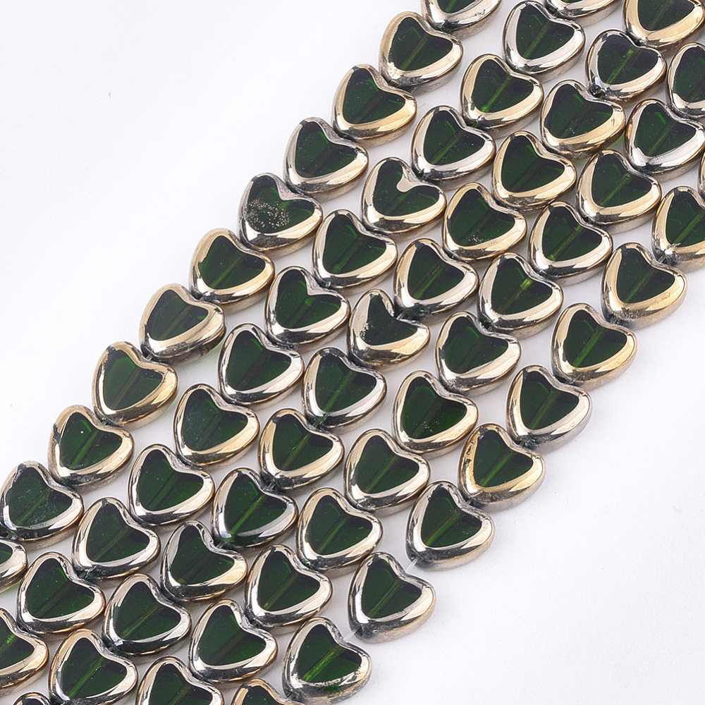 10 strand Electroplate Glass Beads Strands Edge Plated Heart Dark Green 10x10x4mm Hole: 1mm 30pcs/strand 11.4 inch