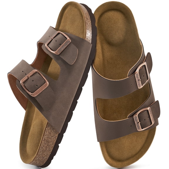 Ecetana Women's Cork Footbed Slide Sandals, Adjustable Double Buckle Open Toe Flat Sandals with Light Arch Support