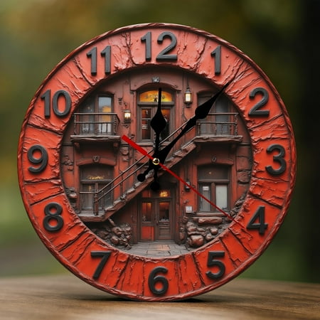 Wall Clock Decorative - Retro Red Building Print 2D Vintage Wall Clocks Battery Operated Silent Non-Ticking for Bedroom, Living Room, Kitchen, Office, Classroom, 10 Inch