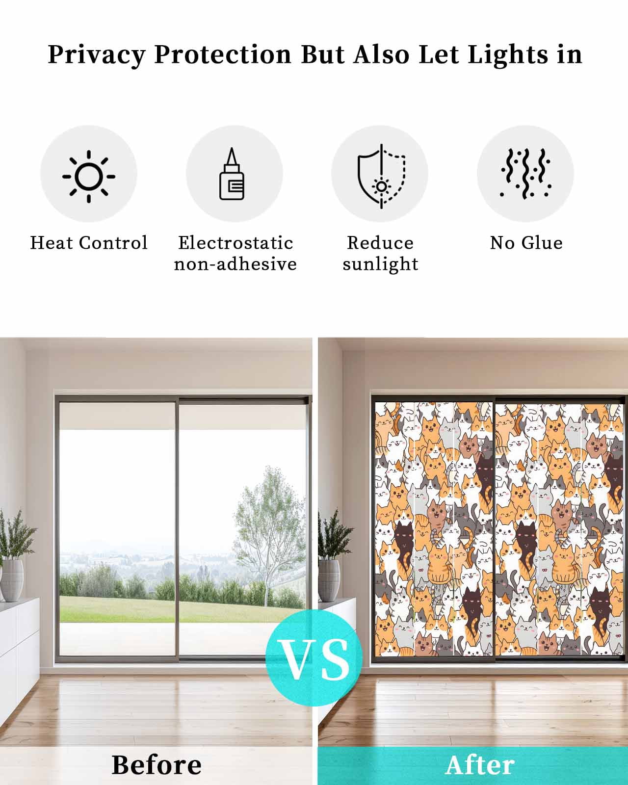 Window Privacy Film Cartoon Cat Stained Glass Window Film Decorative Sun Block Window Cover Modern Funny Cute Orange Gray Animals Window Clings Static Adhesive Sticker for Bathroom 23.6"x59"