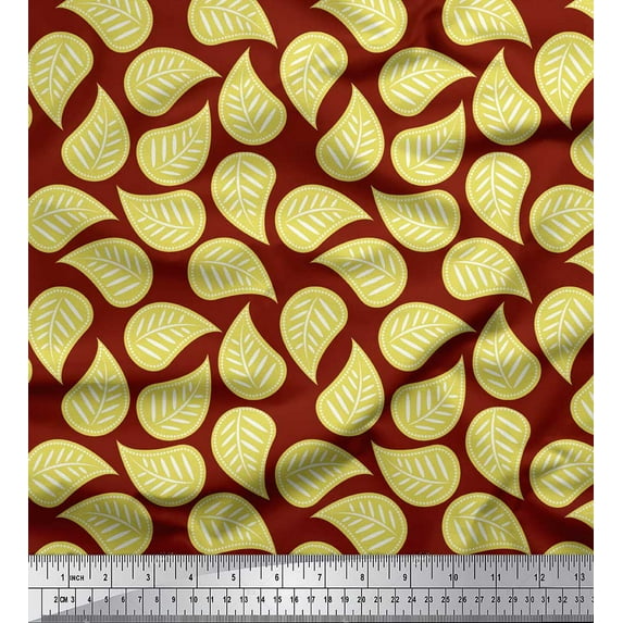 Soimoi Red Cotton Duck Fabric Artistic Leaves Print Fabric by the Yard 42 Inch Wide